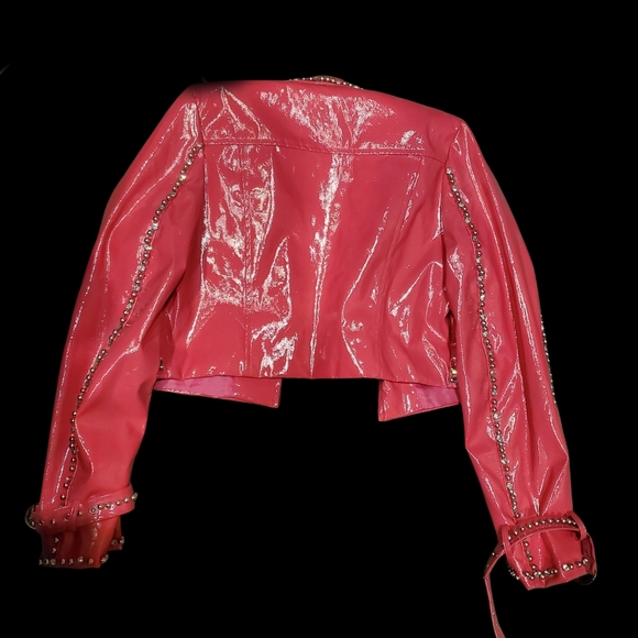 MUY MUY Hot Pink Patent Leather Embelished Rhinestone Cropped Motorcycle Jacket - Picture 5 of 7